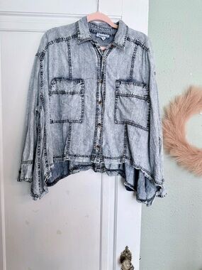 eesome Acid Wash Gray Oversized Button-Down Shirt